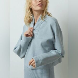 Lunya Cozy Cotton Silk Zip Pullover Cropped Sweater in Chilled Blue